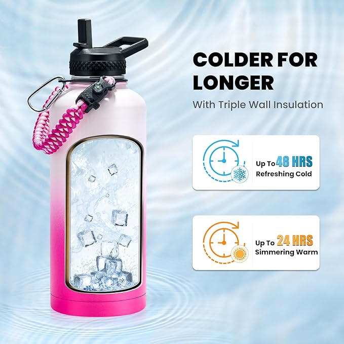 Insulated Water Bottle 87 oz, Triple Wall Vacuum Stainless Steel (Cold for 48 Hrs), Leak Proof & Non-BPA, Modern Water Flask Jug with Paracord Handle & Straw Spout Lids, Ombre Pink-FlexoryFit