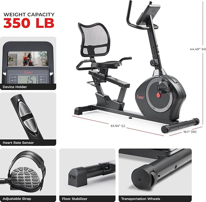 Sunny Health & Fitness Smart Heavy-Duty Recumbent Bike w/Wide Cushioned Seat & Back, Indoor Cycling Machine for Adult/Seniors Home Exercise, Free SunnyFit App Connect, Optional Workout Training Bands-FlexoryFit