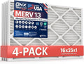 BNX TruFilter 16x25x1 Air Filter MERV 13 (4-Pack) - MADE IN USA - Electrostatic Pleated Air Conditioner HVAC AC Furnace Filters for Allergies, Pollen, Mold, Bacteria, Smoke, Allergen, MPR 1900 FPR 10