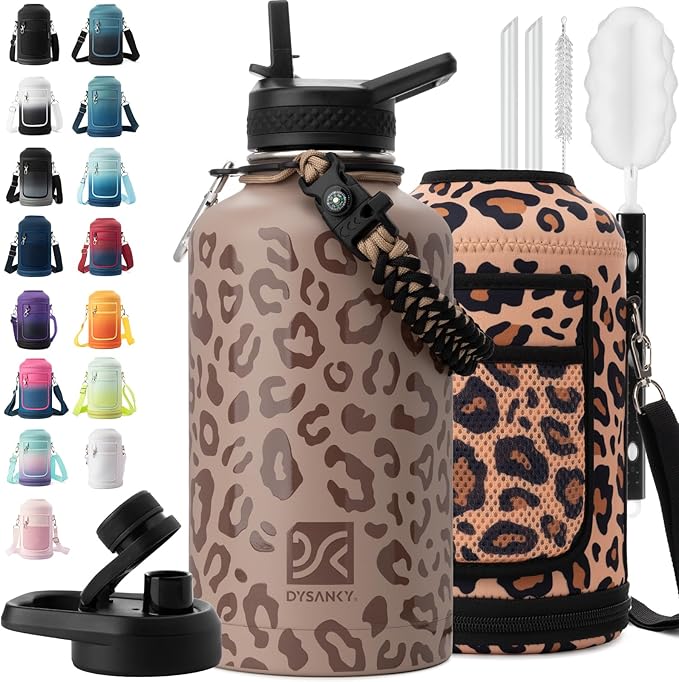 Insulated Water Bottle | Thickened Stainless Steel Vacuum Metal | Portable Sports Half Gallon Large Water Jug for Gym and Hiking with Straw, Carrier Bag, Handle Strap | BPA-Free 64 oz-FlexoryFit