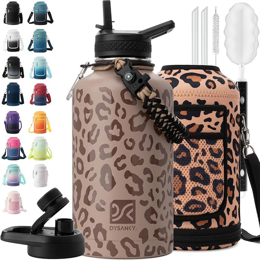 Insulated Water Bottle | Thickened Stainless Steel Vacuum Metal | Portable Sports Half Gallon Large Water Jug for Gym and Hiking with Straw, Carrier Bag, Handle Strap | BPA-Free 64 oz-FlexoryFit