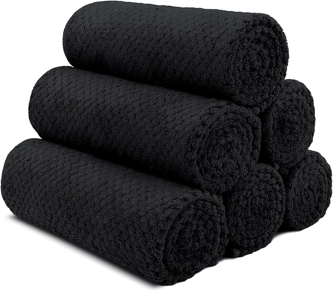 HOMEXCEL Black Gym Towels 6 Packs, (16x27 inches) Highly Absorbent Yoga Towel, Ultra Soft Hand Towels for Daily Use, Fast Drying Microfiber Workout Towels for Gym, Spa, Fitness, Camping, Hotel-FlexoryFit