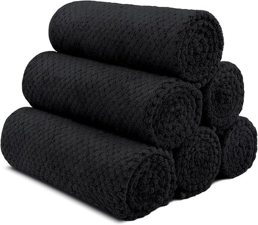 HOMEXCEL Black Gym Towels 6 Packs, (16x27 inches) Highly Absorbent Yoga Towel, Ultra Soft Hand Towels for Daily Use, Fast Drying Microfiber Workout Towels for Gym, Spa, Fitness, Camping, Hotel-FlexoryFit