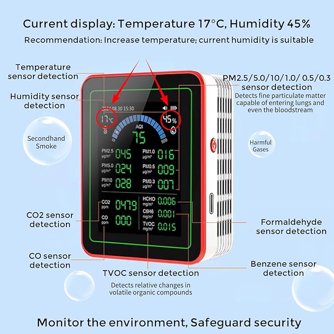 TianfuSpanda18-in-1 Smart Air Quality Monitor Indoor, CO2/CO/HCHO/TVOC/C6H6/PM0.3-10 Detection, Real-Time Data Logging & Bluetooth Sync, AQI Alarm, Type-C Charging for Home/Office/Car (2.8" Display)