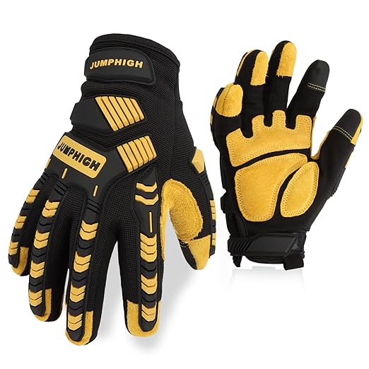 JUMPHIGH Safety Work Gloves, Synthetic Leather Impact-Resistant Heavy Duty Mechanic Gloves, Sensitive Touch Screen, Flexible Grip Gloves for Work (L)-FlexoryFit