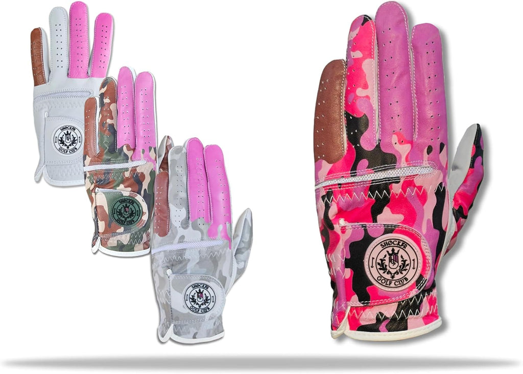 Shocker Camo Golf Glove Men's - Premium Cabretta100% Leather, Durable Grip, White and Camo, Adult Men's Golf Gloves, Funny Gag Gift, Left & Right Handed, Small to XXL Sizes