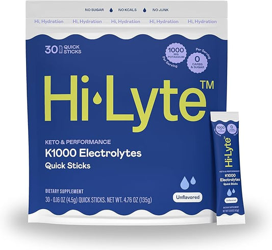 Hi-Lyte Keto K1000 Electrolyte Packets | Unflavored | Hydration Supplement Drink Mix | Boost Energy & Beat Leg Cramps | No Sugar, Stevia, Maltodextrin | 30 Servings-FlexoryFit