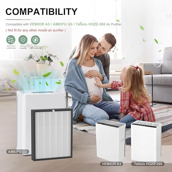 G3 Air Purifier Replacement Filter, Compatible with AMEIFU G3 (Sferf-30) Air Purifier, VEWIOR A3 Air Purifier and Tailulu HQZZ-260, 3-in-1 H13 True HEPA Air Cleaner Filter, 2 Pack