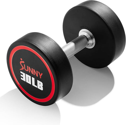 Sunny Health & Fitness Premium Polyurethane Commercial Grade Round Dumbbells with Diamond Knurled Handle, Durable Strength Training Equipment for Home Gym, 5-50LB-FlexoryFit