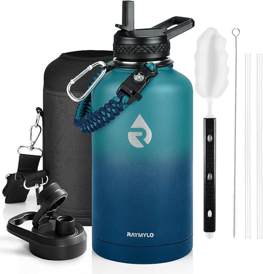 Insulated Water Bottle 64 oz, Triple Wall Vacuum Stainless Steel (Cold for 48 Hrs), Leak Proof & Non-BPA, Half Gallon Water Flask Jug with Paracord Handle & Straw Spout Lids, Cyan Blue-FlexoryFit
