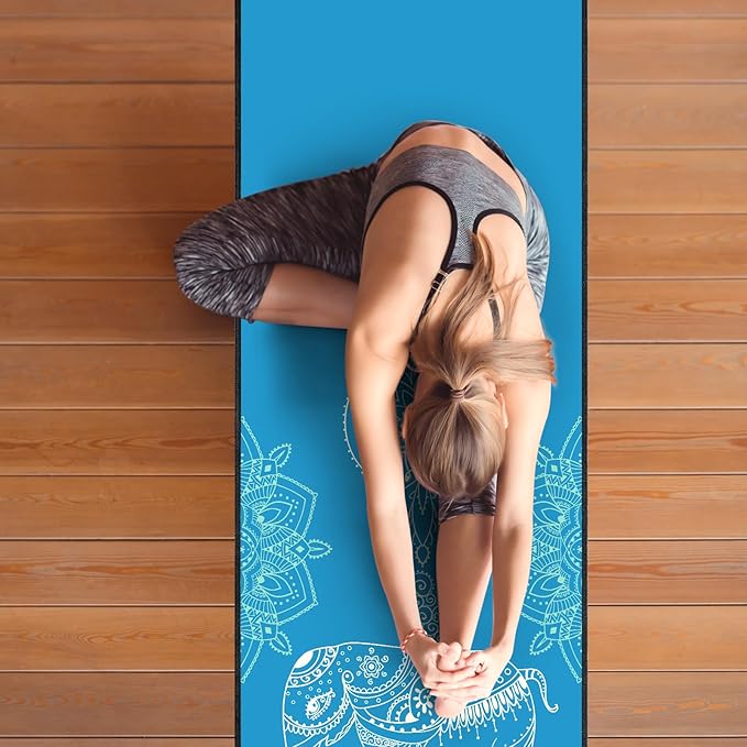 QiyI Yoga Mat Towel with Corner Pockets, Non Slip Sweat Absorbent Hot Yoga Towels, Soft Yoga Blankets with Travel Bag, Skidless Mat Cover for Workout, Gym, Fitness - 70"x26", Blue Mandala Elephant-FlexoryFit