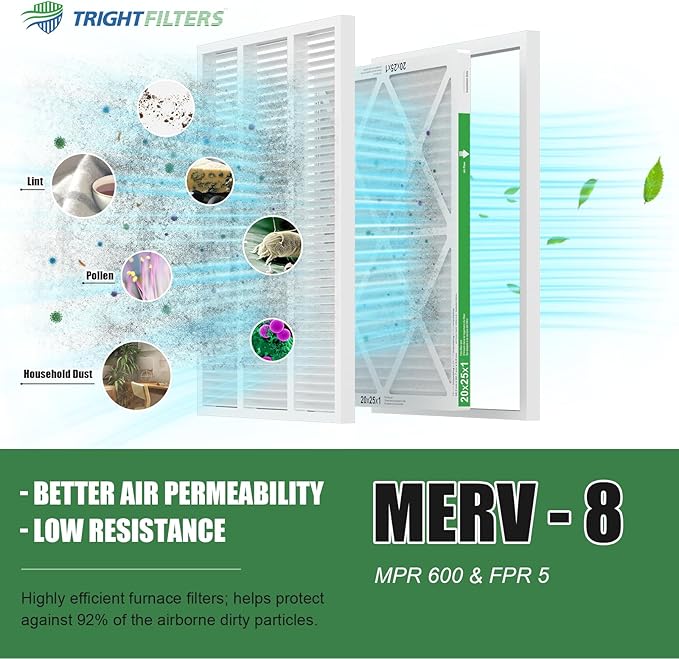 20x25x1 Air Filter 6 Pack, Durable MERV 8 Pleated Home HVAC AC Furnace Filters, Lightweight Compact Air Conditioner Filter Replacement