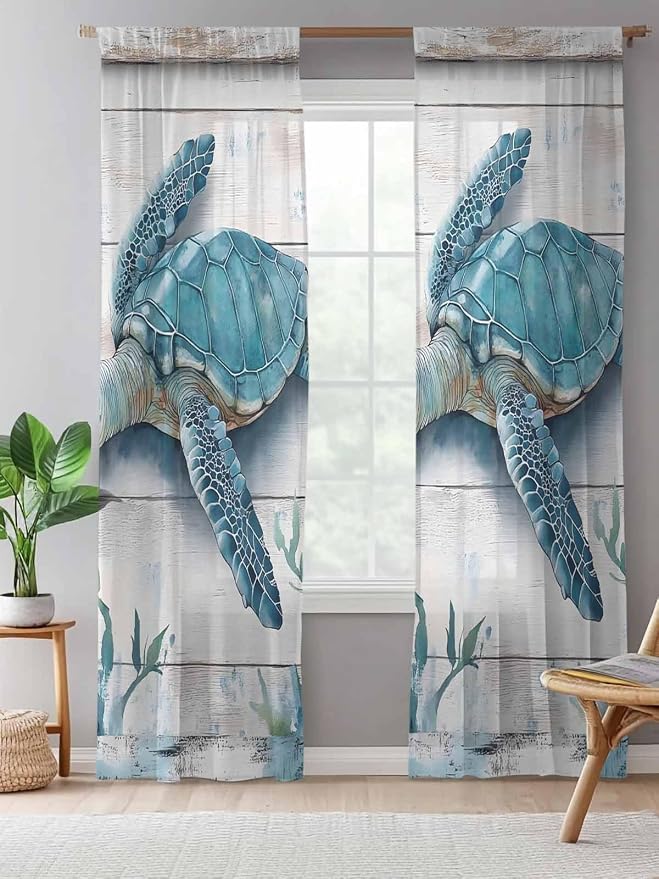 Sheer Curtains 96 Inches Long, Teal Green Sea Turtle Semi Sheer Curtains Light - Image 5