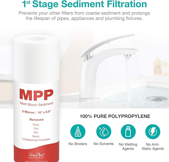 SimPure 5-Stage Reverse Osmosis Replacement Filter Set with 75 GPD RO Membrane, 5pc Pre & Post Replacement Cartridge Pack Kit for Standard 5-Stage Reverse Osmosis RO Systems