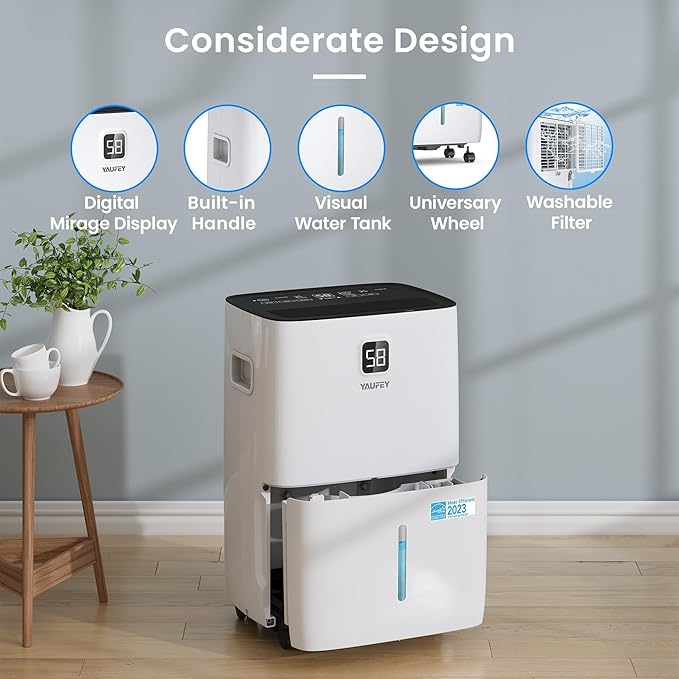 Yaufey 120 Pints Energy Star Dehumidifier for Home, Basement and Large Room up to 6000 Sq. Ft., with Drain Hose, Timer, Intelligent Humidity Control and Large Water Tank