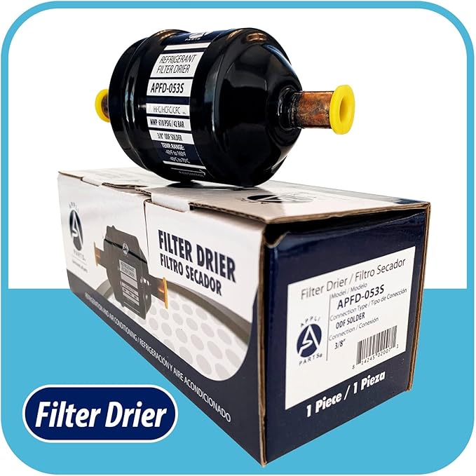 Appli Parts APFD-053S 3/8 in Liquid Line Refrigerant AC Filter Drier hvac Refrigeration 053S ODF Sweat Solder connection universal unidirectional 4-1/2 in long 2 in wide