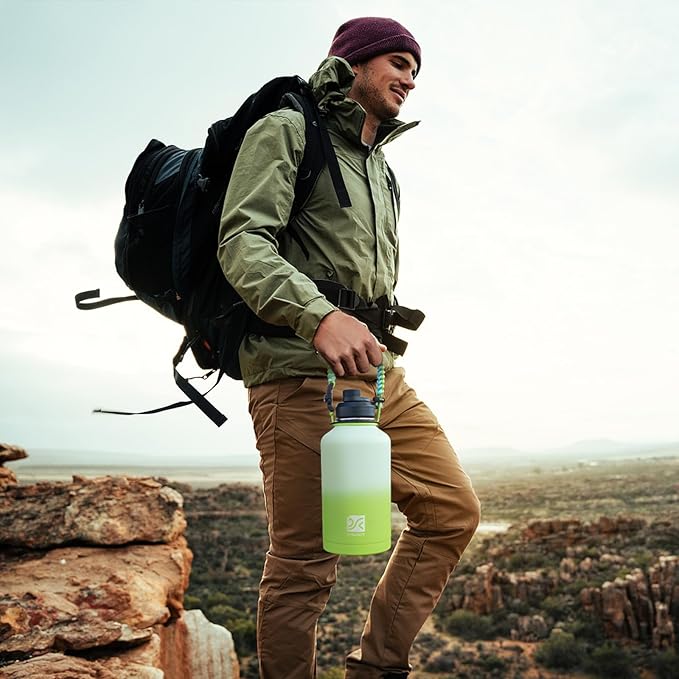 Insulated Water Bottle | Thickened Stainless Steel Vacuum Metal | Portable Sports Half Gallon Large Water Jug for Gym and Hiking with Straw, Carrier Bag, Handle Strap | BPA-Free 64 oz-FlexoryFit