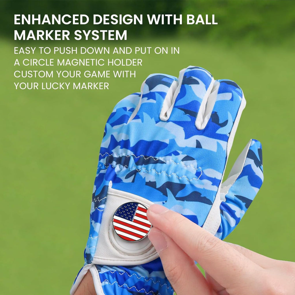 FINGER TEN Golf Gloves Men Left Hand Right with Ball Marker USA Flag Blue Camo Plaid Pack, Mens Leather Golf Glove All Weather Grip Small Medium ML Large XL