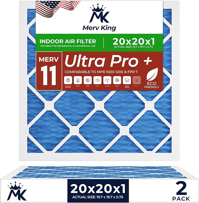 MervKing 20x20x1 Air Filter | MERV 11 | MPR 1000-1200 Ultra Pro | 2-Pack | Pleated HVAC AC Furnace Replacement Air Filters | Actual Size: 19.7" x 19.7" x 0.75"