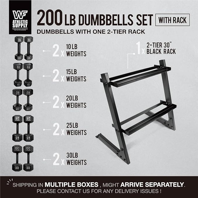WF Athletic Supply 200Lb Dumbbell Set, 10-30Lb Dumbbell Set with Two-Tier Storage Rack for Muscle Toning, Strength Building & Weight Loss - Multiple Choices Available-FlexoryFit