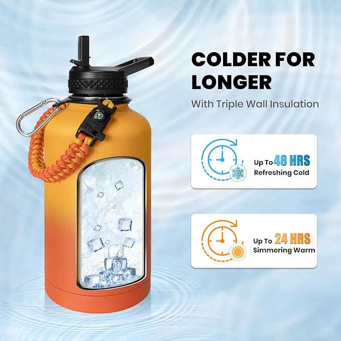Insulated Water Bottle 64 oz, Triple Wall Vacuum Stainless Steel (Cold for 48 Hrs), Leak Proof & Non-BPA, Half Gallon Water Flask Jug with Paracord Handle & Straw Spout Lids, Ombre Orange-FlexoryFit