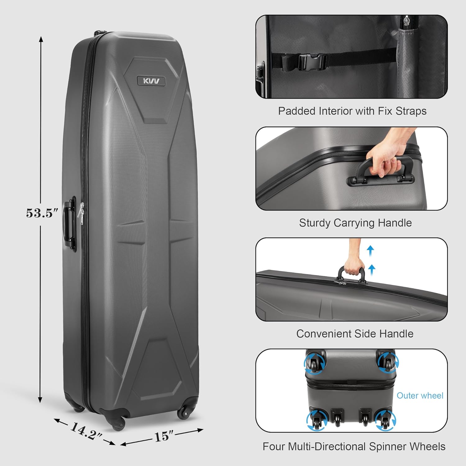 KVV Solid ABS Shell Hard Sided Golf Travel Case with Super Easy Rolling Wheels Ultimate Protection