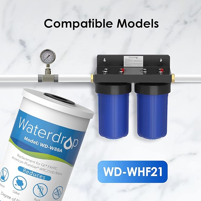Waterdrop FXHTC Whole House Carbon Water Filter, Replacement for GE® FXHTC, GXWH40L, GXWH35F, Culligan® RFC-BBSA, American Plumber W10-PR, W10-BC, WRC25HD, 10" x 4.5" Cartridge, 5 Micron, Pack of 2