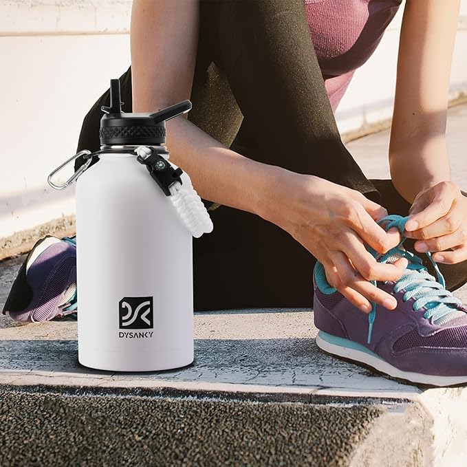 Insulated Water Bottle | Thickened Stainless Steel Vacuum Metal | Portable Sports Half Gallon Large Water Jug for Gym and Hiking with Straw, Carrier Bag, Handle Strap | BPA-Free 64 oz-FlexoryFit