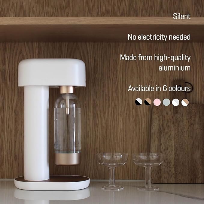 Ruby 2 Sparkling Water Maker - Soda Streaming Machine Silent Carbonated Water Machine Robust Long-Lasting Aluminium Soda Maker 1L Water Bottle Without CO2 Cylinder - White Copper Soda Machine