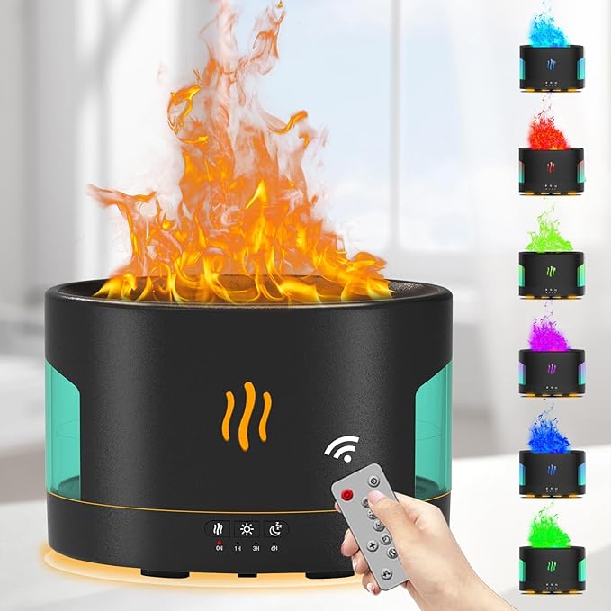 Oil Diffusers for Home Large Room, 450ml Air Humidifier with Bluetooth Speaker, White Noise and Remote, Flame Humidifier for Bedroom, Office, 7 Colors Diffuser Gifts