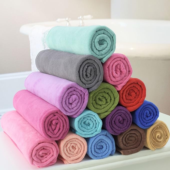 JML Microfiber Towels, Bath Towel Sets (6 Pack, 27" x 55") - Extra Absorbent, Fast Drying, Multipurpose for Bath, Swimming, Fitness, Sports, Yoga, Dark Blue/Green/Pink-FlexoryFit