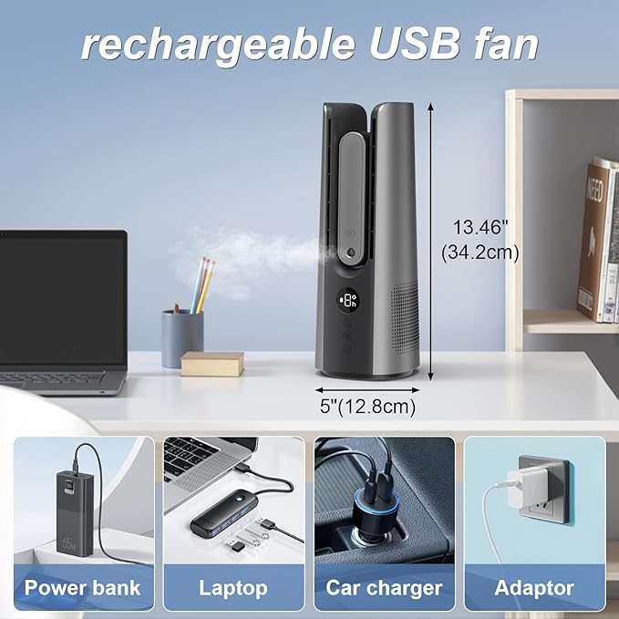 Desk Fan, Small Quiet Table Fan with Humidifier, 14 Inch Portable Bladeless Fan with 9 Speed Adjustment, 2 Modes, 5000mAh Battery, 60° Oscillating Mini Fan for Bedroom Office Living Room Dorm