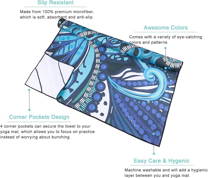QiyI Yoga Mat Towel with Corner Pockets, Non Slip Sweat Absorbent Hot Yoga Towels, Soft Yoga Blankets with Travel Bag, Skidless Mat Cover for Workout, Gym, Fitness - 70"x26", Vintage Paisley-FlexoryFit
