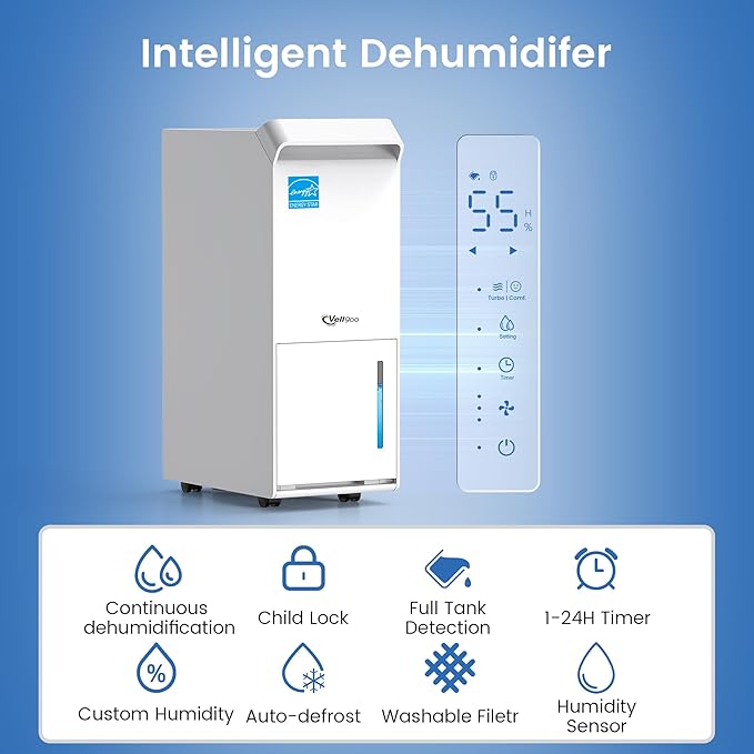 3,500 Sq.Ft Most Efficient Energy Star 2024 Dehumidifier, Vellgoo Max 60 Pint/D (Standard 35 Pint/D) Compressor Dehumidifier with Drain Hose, Intelligent Humidity Control for Basement, Home, Bedroom