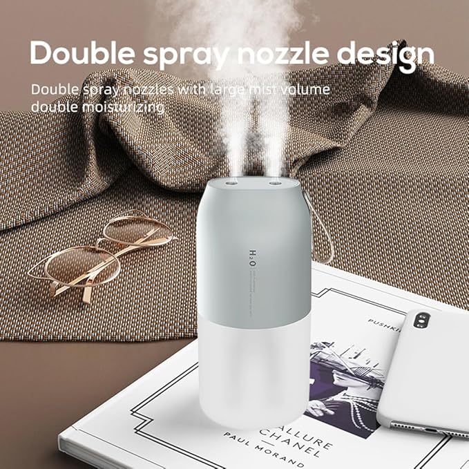 Dual Nozzle Portable Humidifier 300ml with Dual Spray Modes and Night Light for Bedroom and Car