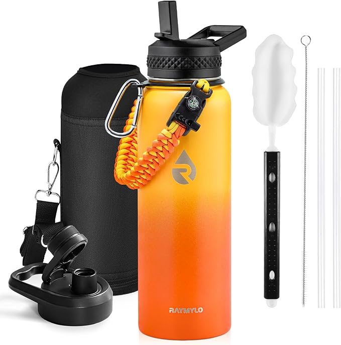 Insulated Water Bottle 40 oz, Triple Wall Vacuum Stainless Steel (Cold for 48 Hrs), Leak Proof & Non-BPA, Modern Water Flask Jug with Paracord Handle & Straw Spout Lids, Ombre Orange-FlexoryFit