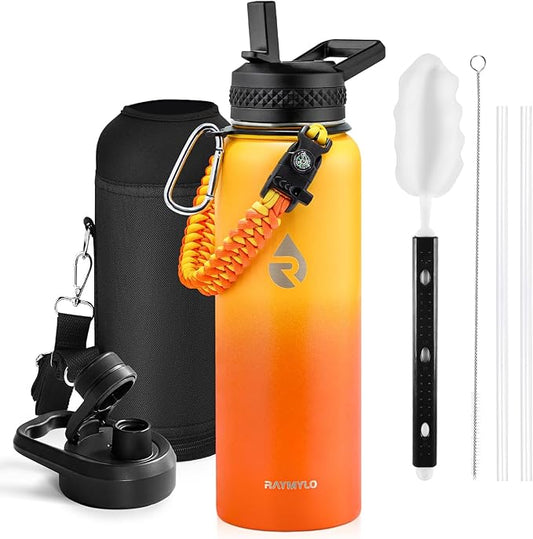 Insulated Water Bottle 40 oz, Triple Wall Vacuum Stainless Steel (Cold for 48 Hrs), Leak Proof & Non-BPA, Modern Water Flask Jug with Paracord Handle & Straw Spout Lids, Ombre Orange-FlexoryFit