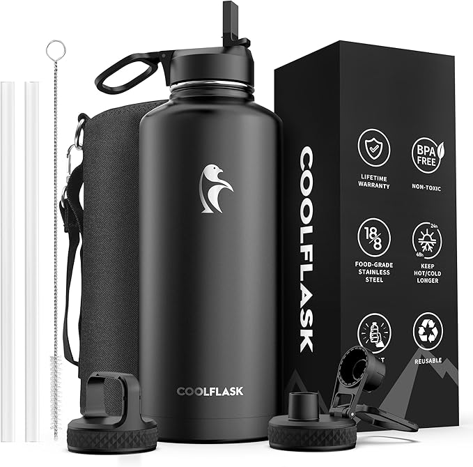 Insulated Water Bottle 87 oz with Straw, Coolflask 2/3 Gallon Stainless Steel Metal 3 Lids Large Water Jug for Sports or Office, Non-BPA Keep Cold Up to 48 Hrs or Hot Up to 24 Hrs, Magic Black-FlexoryFit