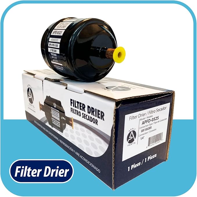 Appli Parts APFD-052S 1/4 in Liquid Line Refrigerant AC Filter Drier hvac Refrigeration 052S ODF Sweat Solder connection universal unidirectional 4-1/2 in long 2 in wide