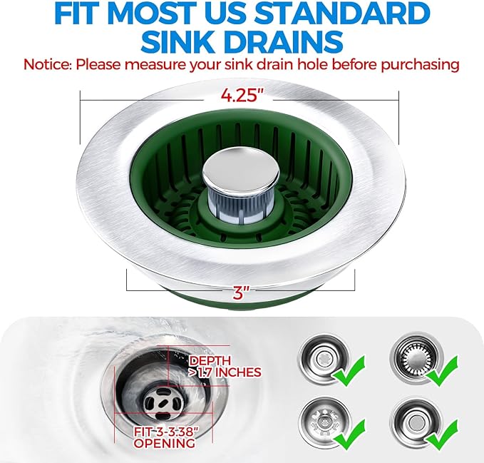 Upgraded 3in1 Kitchen Sink Drain Strainer & Sink Stopper, Stainless Steel Kitchen Drain Plug & Cover with Anti-Clogging Basket Strainer, Fit US Standard 3-1/2'' Sink Drain Hole, OliveGreen