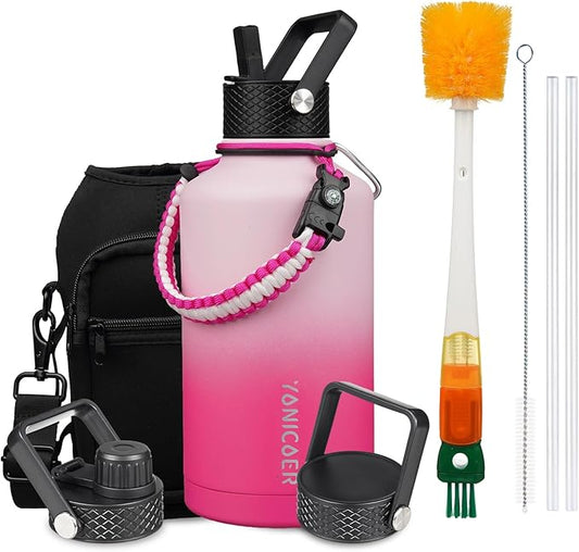 Insulated Water Bottle 64oz,Triple Wall Vacuum Stainless Steel(Dishwasher Safe),Leak Proof & Non-BPA,Flask Jug with Paracord Handle & Straw Spout Lids Sports-FlexoryFit