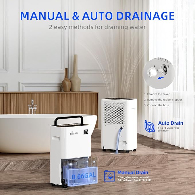 Britsou 50 Pints Dehumidifier for Basement with Drain Hose - Quiet Smart Operation with 3 Modes, 24HR Timer - Ideal for Home Bedroom, Bathroom, Small to Large Rooms