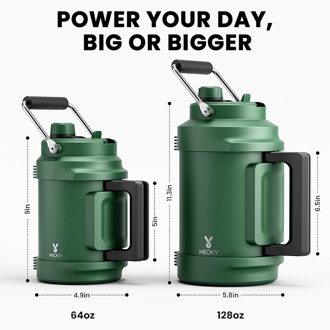 1 Gallon Insulated Water Bottle for Hiking: Meoky 128 oz Triple Wall Vacuum Stainless Steel Metal Water Jug - Top and Side Handles, Cold for 48 Hrs, 2-in-1 Straw and Spout Lid, Leakproof for Gym (Fir)-FlexoryFit