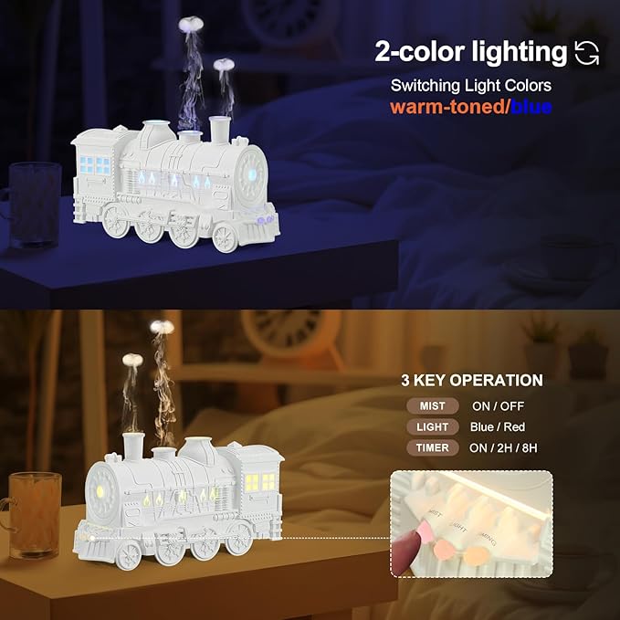 Train Diffuser 300ml, Aromatherapy Diffuser Cool Mist Ultrasonic Aroma Train Diffuser with Remote Control 2 Light 2 Mist Mode Auto Shut-Off for Bedroom Office Hotel (White)