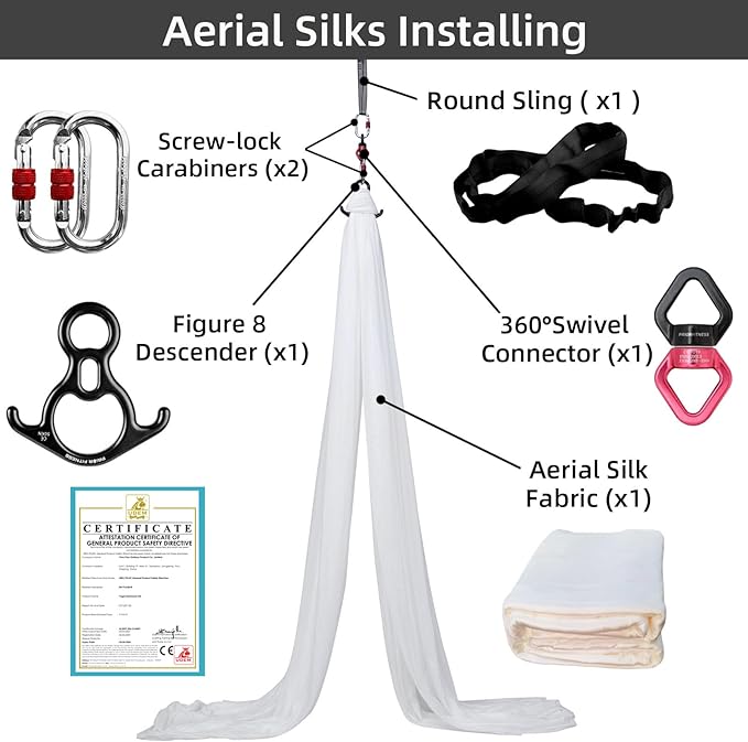 PRIOR FITNESS Aerial Silks Kit Colorful 9/15/20 Yards 40D Nylon Fabric Hammock Set With Hardware & Guide for All Levels Of Aerial Yoga Practice and Acrobatic Flying For Adults Aerial silk-FlexoryFit