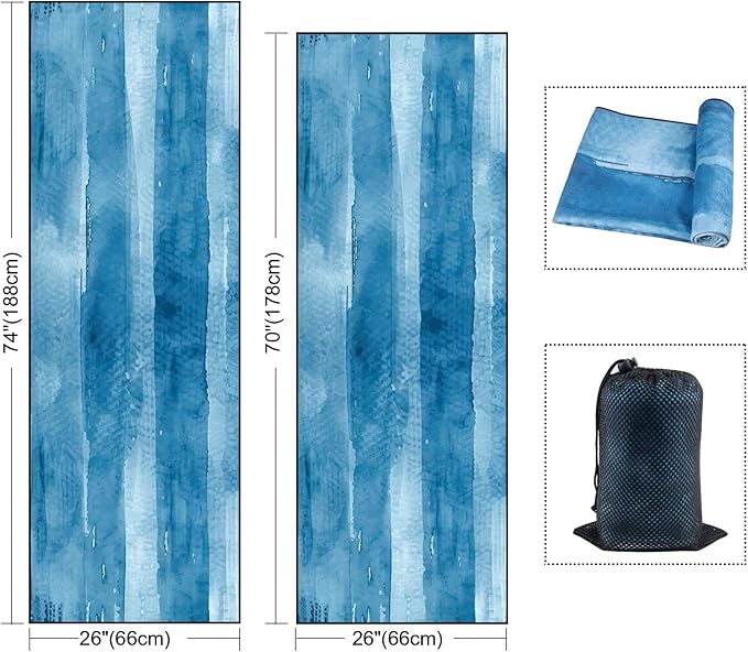 QiyI Yoga Mat Towel with Corner Pockets, Non Slip Sweat Absorbent Hot Yoga Towels, Soft Yoga Blankets with Travel Bag, Skidless Mat Cover for Workout, Gym, Fitness - 70"x26", Blue Tie Dye-FlexoryFit