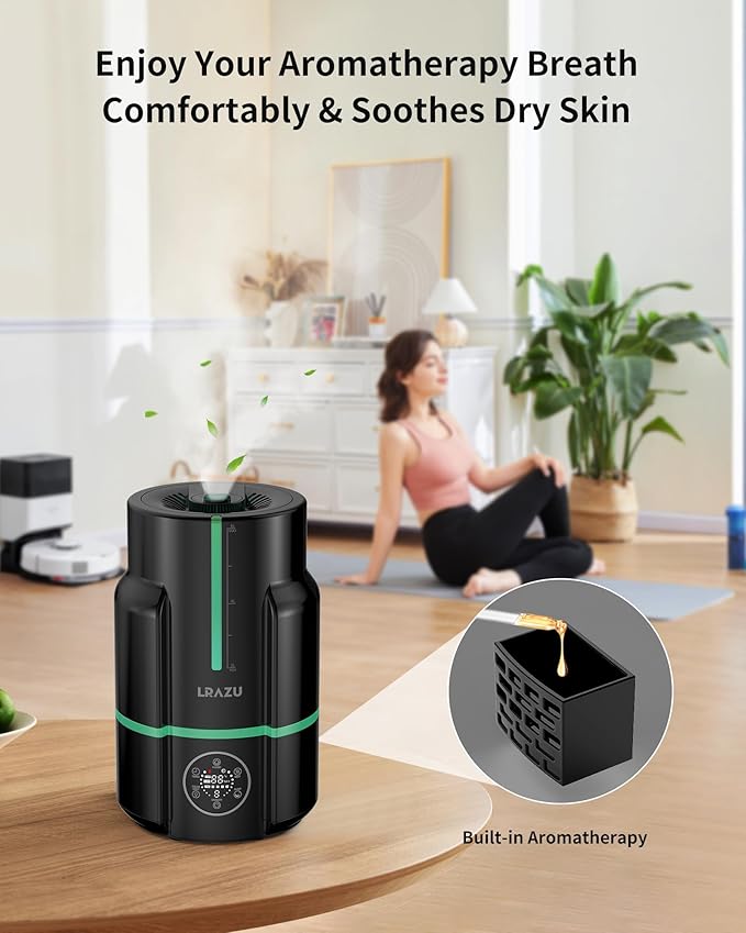 6L Smart Cool Mist Humidifier, Modern Black for Large Bedroom, Ultra Quiet 22dB with Humidistat, 50H Runtime, Top Fill, Oil Diffuser and Remote Control