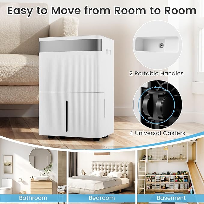 COSTWAY 5500 Sq.Ft Dehumidifier for Basement, Home Dehumidifier with Convenient Handle, 1.4 Gallon Tank, Auto Defrost, 24H Timer, 3-Color Indicator, Drain Hose & Wheels for Bathroom, Bedroom (96 pint)
