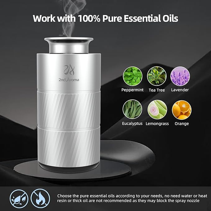 Car Aromatherapy Diffuser with Essential Oils, Portable Waterless Car Diffuser Air Freshener Battery Powered, Premium Aluminum 1/2/4H Timer 20ml Fragrance Machine for Men Woman Travel