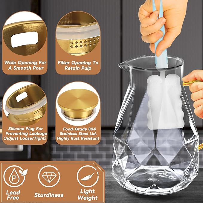 Yirilan Glass Pitcher, 1.6 Liter Water Pitcher With Lid, Iced Tea Pitcher for Fridge, Glass Water Carafe With Lid, Glass Water Jug, Small Drink Pitcher For Juice
